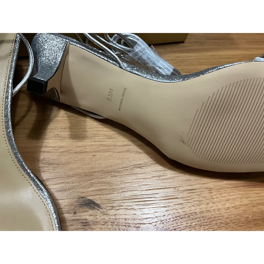 Michael Kors Silver Glitter Lace Up Kitten Heel Sandals Square Toe 8.5M - Picture 3 of 5